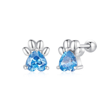 925 Sterling Silver Simple and Cute Dog Paw Stud Earrings with Blue Cubic Zirconia