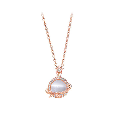 925 Sterling Silver Plated Rose Gold Simple Sweet Ribbon Planet Imitation Opal Pendant with Cubic Zirconia and Necklace