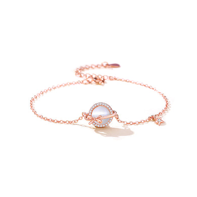 925 Sterling Silver Plated Rose Gold Simple Sweet Ribbon Planet Imitation Opal Bracelet with Cubic Zirconia