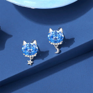 925 Sterling Silver Simple and Cute Cat Stud Earrings with Blue Cubic Zirconia
