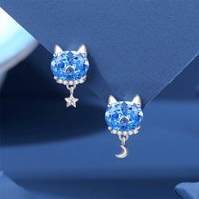 Load image into Gallery viewer, 925 Sterling Silver Simple and Cute Cat Stud Earrings with Blue Cubic Zirconia