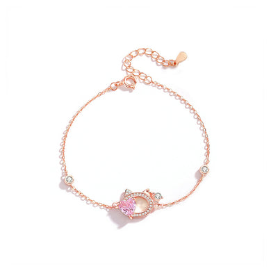 925 Sterling Silver Plated Rose Gold Simple Cute Hollow Hollow Cat Heart Bracelet with Cubic Zirconia