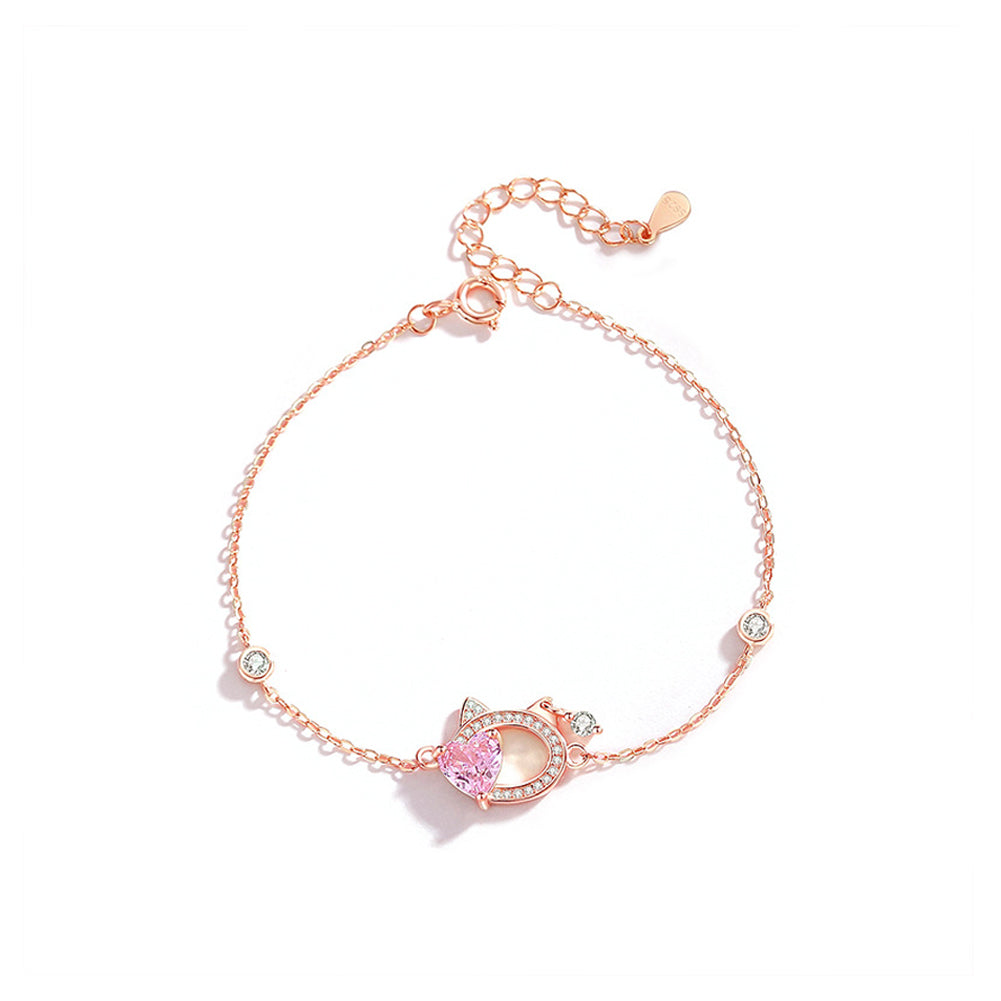 925 Sterling Silver Plated Rose Gold Simple Cute Hollow Hollow Cat Heart Bracelet with Cubic Zirconia