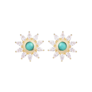 Fashion Temperament Plated Gold Sunflower Green Imitation Opal Stud Earrings with Cubic Zirconia
