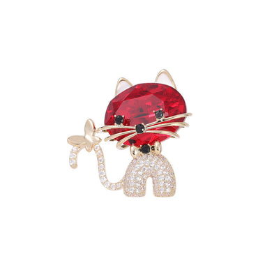 Simple and Cute Plated Gold Cat Brooch with Red Cubic Zirconia