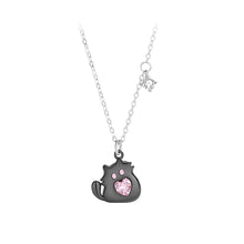 Load image into Gallery viewer, 925 Sterling Silver Simple and Cute Black Cat Pendant with Pink Cubic Zirconia and Necklace