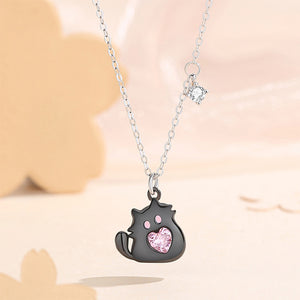 925 Sterling Silver Simple and Cute Black Cat Pendant with Pink Cubic Zirconia and Necklace