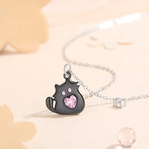 925 Sterling Silver Simple and Cute Black Cat Pendant with Pink Cubic Zirconia and Necklace