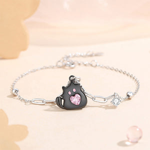 925 Sterling Silver Simple and Cute Black Cat Bracelet with Pink Cubic Zirconia