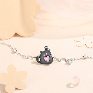 925 Sterling Silver Simple and Cute Black Cat Bracelet with Pink Cubic Zirconia