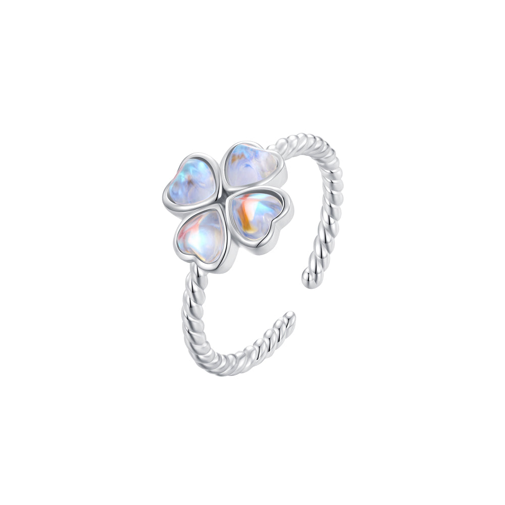 925 Sterling Silver Fashion Simple Four-leafed Clover Moonstone Twist Adjustable Open Ring