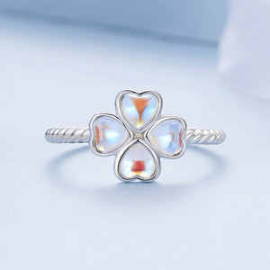 925 Sterling Silver Fashion Simple Four-leafed Clover Moonstone Twist Adjustable Open Ring