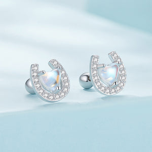 925 Sterling Silver Fashion Simple Heart Shaped Moonstone Horseshoe Stud Earrings with Cubic Zirconia