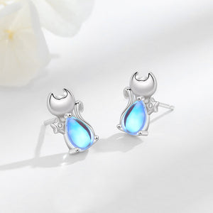 925 Sterling Silver Simple and Cute Cat Moonstone Stud Earrings with Cubic Zirconia