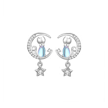 Load image into Gallery viewer, 925 Sterling Silver Simple and Cute Star Moon Cat Moonstone Stud Earrings with Cubic Zirconia