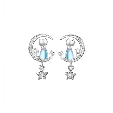 925 Sterling Silver Simple and Cute Star Moon Cat Moonstone Stud Earrings with Cubic Zirconia
