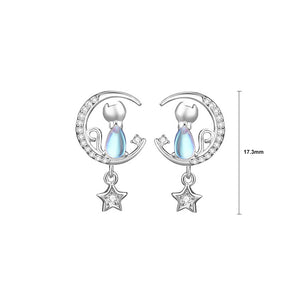 925 Sterling Silver Simple and Cute Star Moon Cat Moonstone Stud Earrings with Cubic Zirconia