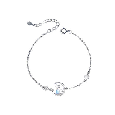 925 Sterling Silver Simple and Cute Star Moon Cat Moonstone Bracelet with Cubic Zirconia