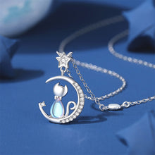 Load image into Gallery viewer, 925 Sterling Silver Simple and Cute Star Moon Cat Moonstone Pendant with Cubic Zirconia and Necklace