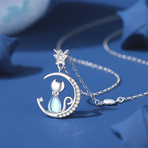 925 Sterling Silver Simple and Cute Star Moon Cat Moonstone Pendant with Cubic Zirconia and Necklace