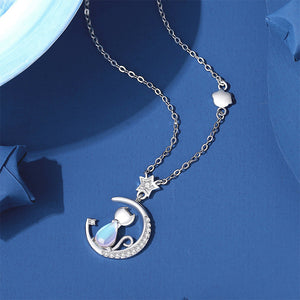 925 Sterling Silver Simple and Cute Star Moon Cat Moonstone Pendant with Cubic Zirconia and Necklace