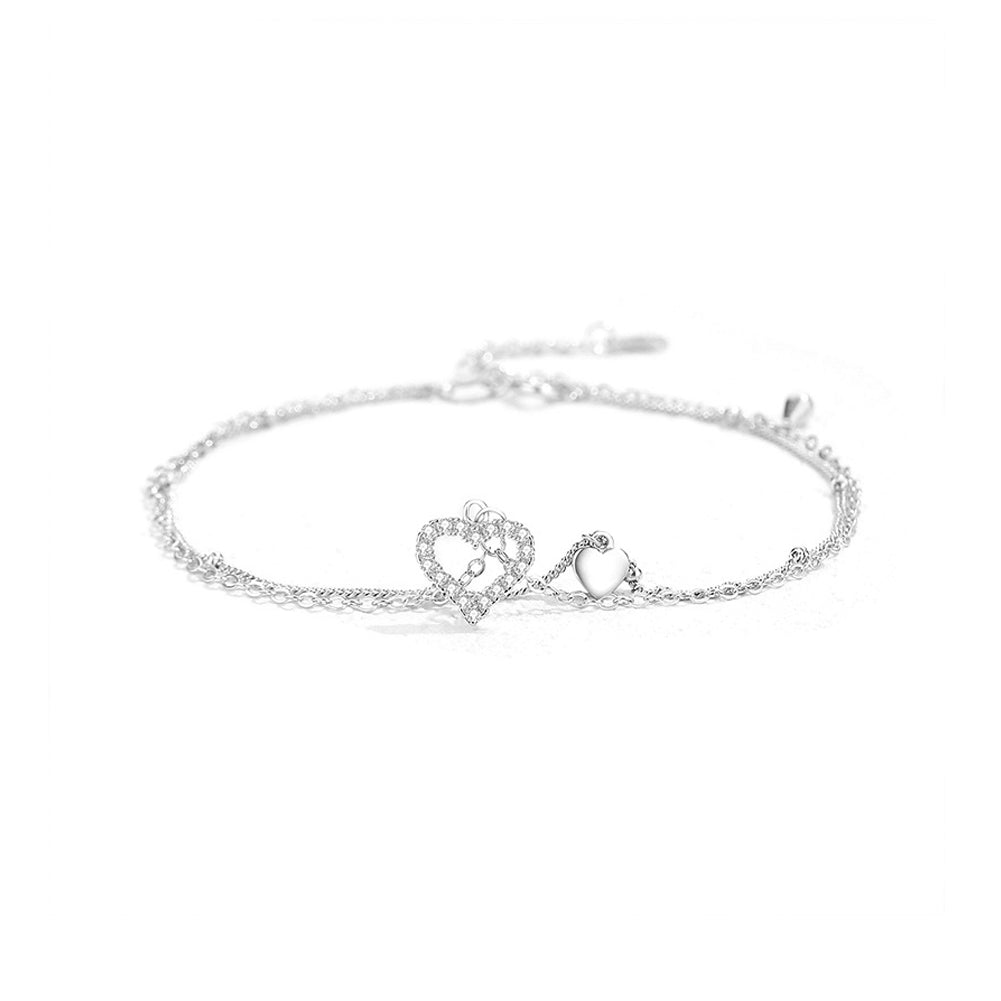 925 Sterling Silver Simple Fashion Hollow Heart Shape Double Layer Anklet with Cubic Zirconia