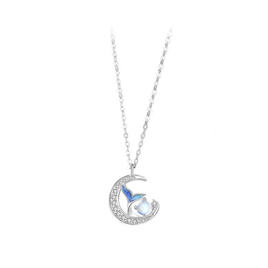 925 Sterling Silver Fashion Romantic Enamel Fishtail Moon Moonstone Couple Pendant with Cubic Zirconia and Necklace For Women