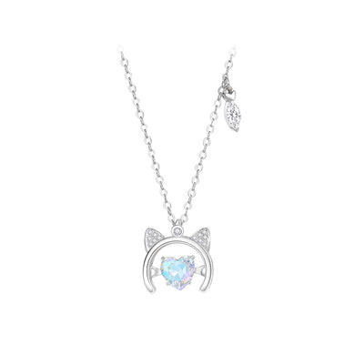 925 Sterling Silver Simple and Cute Cat Heart Pendant with Cubic Zirconia and Necklace