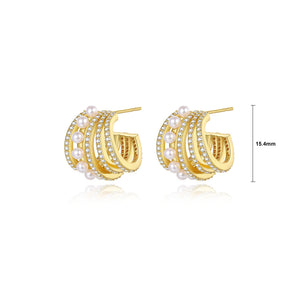 Fashion Simple Plated Gold C-Shape Multilayer Geometric Imitation Pearl Stud Earrings with Cubic Zirconia