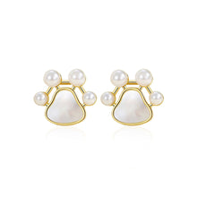 Load image into Gallery viewer, 925 Sterling Silver Plated Gold Simple Cute Dog Paw Print Stud Earrings with Imitation Pearls