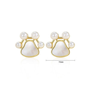 925 Sterling Silver Plated Gold Simple Cute Dog Paw Print Stud Earrings with Imitation Pearls