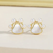 Load image into Gallery viewer, 925 Sterling Silver Plated Gold Simple Cute Dog Paw Print Stud Earrings with Imitation Pearls