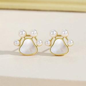 925 Sterling Silver Plated Gold Simple Cute Dog Paw Print Stud Earrings with Imitation Pearls