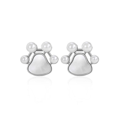 925 Sterling Silver Simple Cute Dog Paw Print Stud Earrings with Imitation Pearls