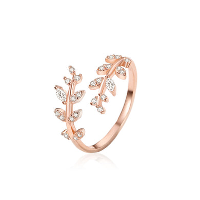 925 Sterling Silver Plated Rose Gold Fashion Simple Leaf Adjustable Open Ring with Cubic Zirconia