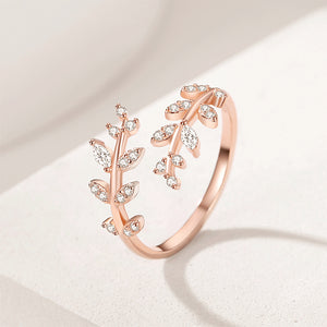 925 Sterling Silver Plated Rose Gold Fashion Simple Leaf Adjustable Open Ring with Cubic Zirconia