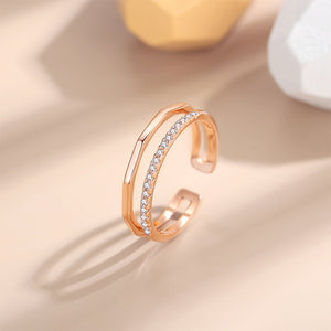 925 Sterling Silver Plated Rose Gold Simple Personality Double-layer Geometric Adjustable Open Ring with Cubic Zirconia