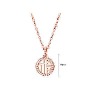 925 Sterling Silver Plated Rose Gold Fashion Vintage Chinese Character Of Luck Hollow Geometric Pendant with Cubic Zirconia and Necklace