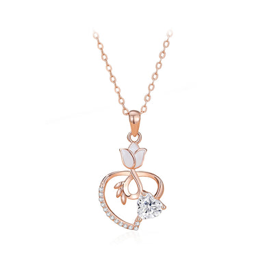 925 Sterling Silver Plated Rose Gold Fashion Temperament Tulip Heart Pendant with Cubic Zirconia and Necklace