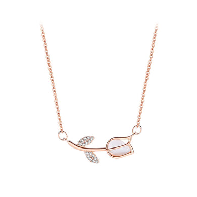 925 Sterling Silver Plated Rose Gold Simple Temperament Tulip Pendant with Cubic Zirconia and Necklace