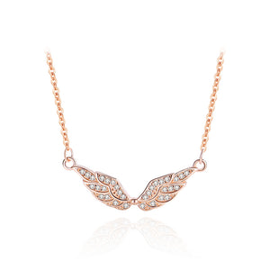925 Sterling Silver Plated Rose Gold Fashion Simple Angel Wings Pendant with Cubic Zirconia and Necklace