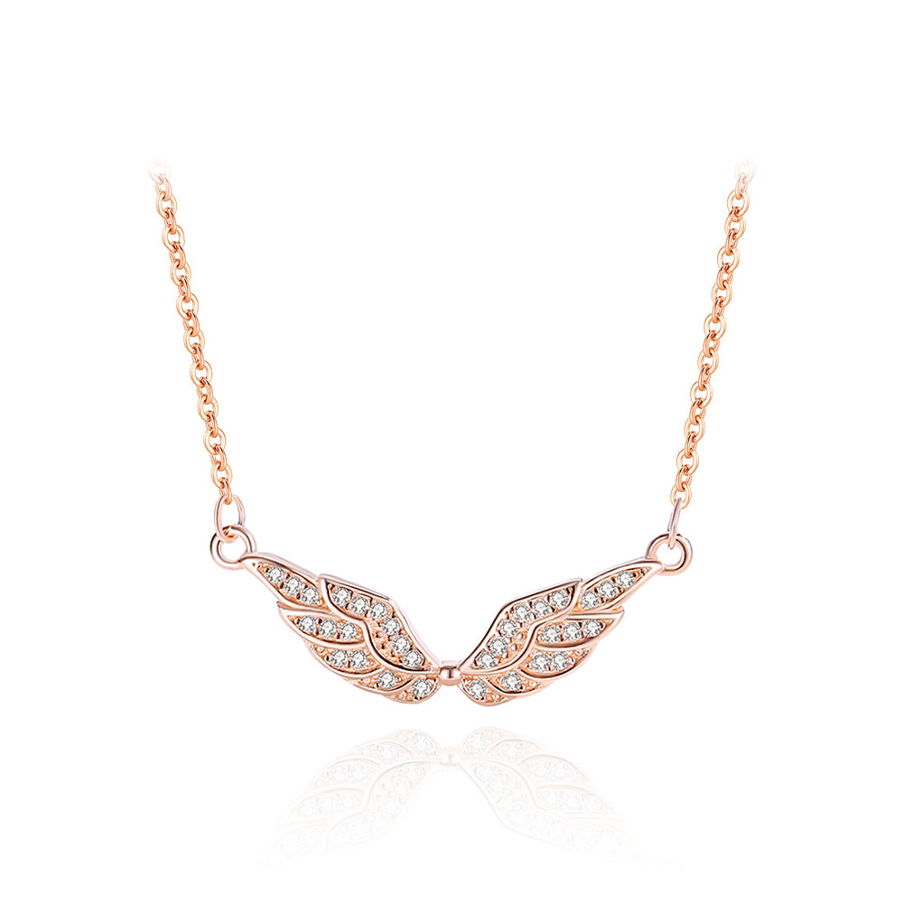 925 Sterling Silver Plated Rose Gold Fashion Simple Angel Wings Pendant with Cubic Zirconia and Necklace