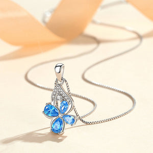 925 Sterling Silver Fashion Temperament Four-leafed Clover Pendant with Blue Cubic Zirconia and Necklace