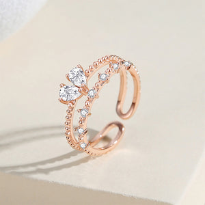 925 Sterling Silver Plated Rose Gold Fashion Simple Heart Double Layer Geometric Adjustable Open Ring with Cubic Zirconia
