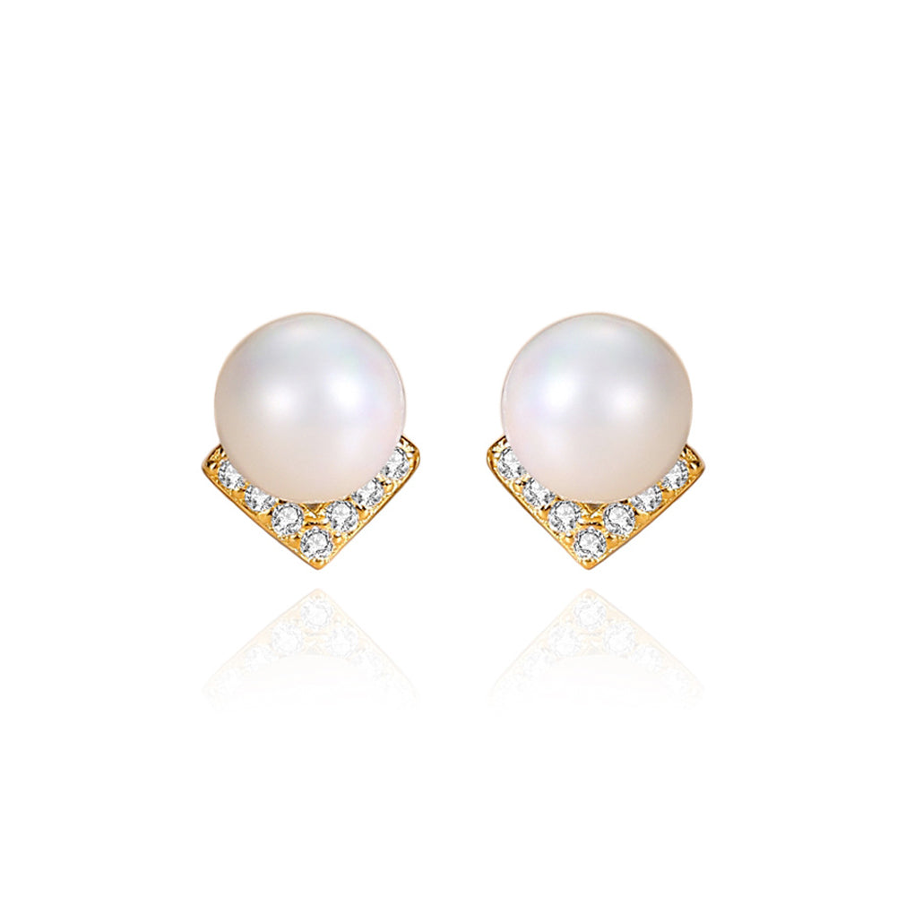 925 Sterling Silver Plated Gold Simple Elegant Alphabet V Imitation Pearl Stud Earrings with Cubic Zirconia