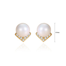 Load image into Gallery viewer, 925 Sterling Silver Plated Gold Simple Elegant Alphabet V Imitation Pearl Stud Earrings with Cubic Zirconia