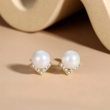 Load image into Gallery viewer, 925 Sterling Silver Plated Gold Simple Elegant Alphabet V Imitation Pearl Stud Earrings with Cubic Zirconia
