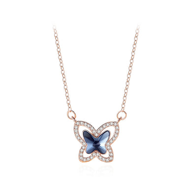 925 Sterling Silver Plated Rose Gold Fashion Elegant Butterfly Pendant with Blue Cubic Zirconia and Necklace