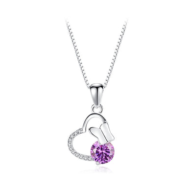 925 Sterling Silver Fashion Elegant Butterfly Hollow Heart Pendant with Purple Cubic Zirconia and Necklace