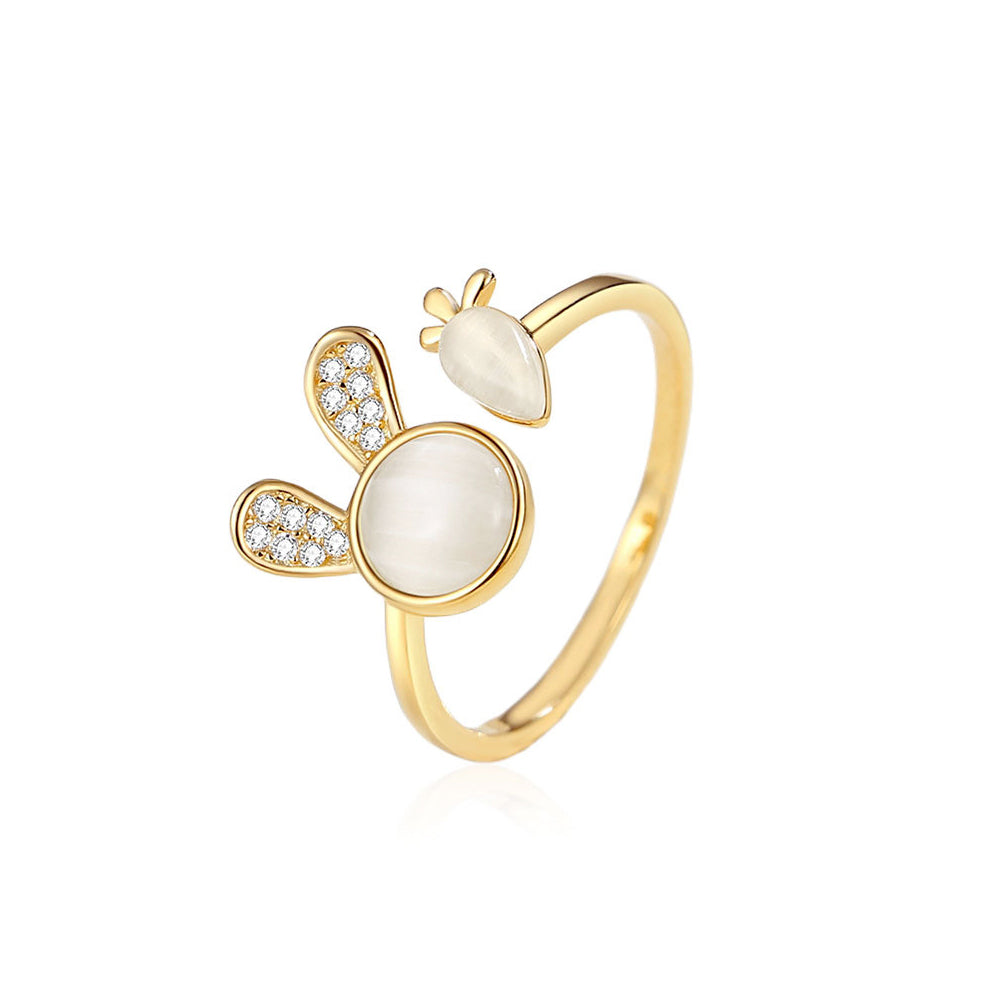 925 Sterling Silver Plated Gold Simple Cute Rabbit Carrot Imitation Opal Adjustable Open Ring with Cubic Zirconia